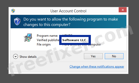 Screenshot where Softoware LLC appears as the verified publisher in the UAC dialog
